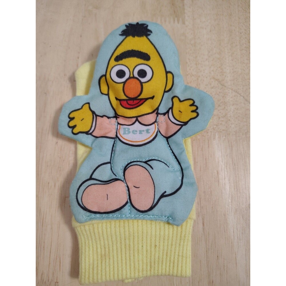 Vintage Sesame Street Cloth Rattle Mitt Bert Baby Toy Yellow With Blue